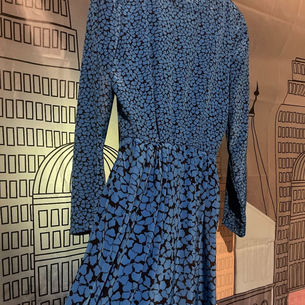 80s Blue Secretary Dress With Black Floral Print